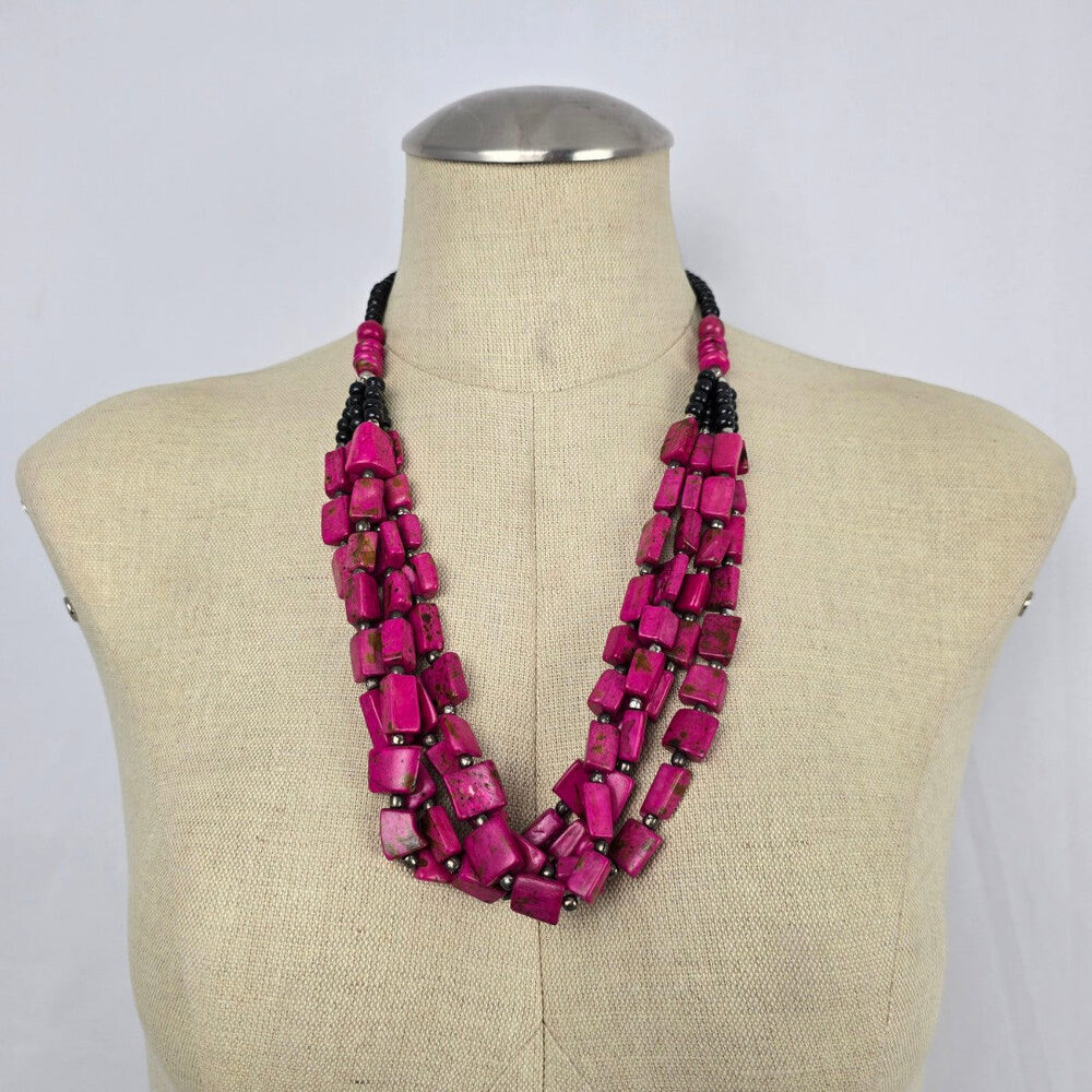 Chunky Pink Stone Statement Necklace Multi Strand Boho Tribal Style